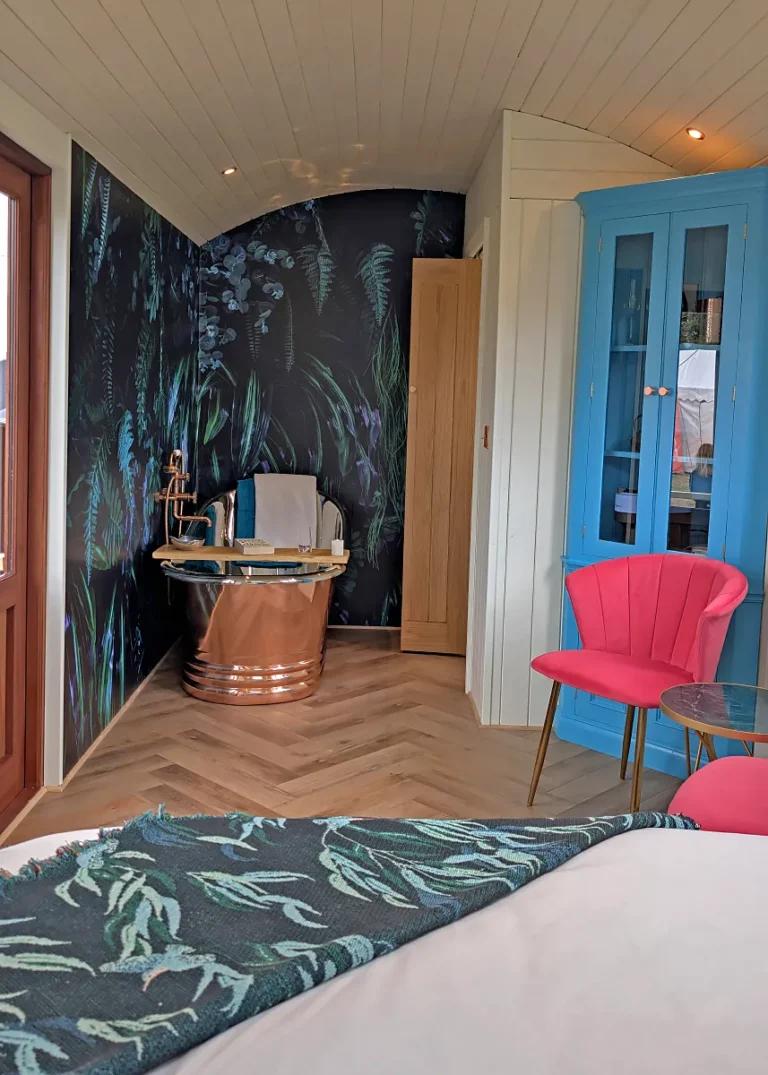 The Grand Bathroom area includes a freestanding copper bath and separate toilet from Belringham Shepherd Huts