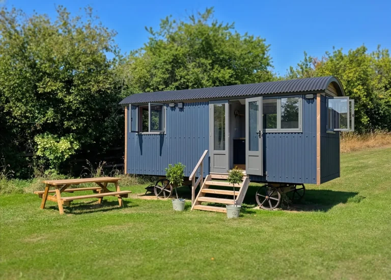 The Haven 2 hut exterior in grey metal cladding by Belringham Shepherd Huts Cover